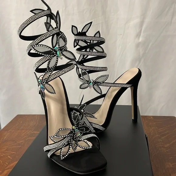 Elegant Black Strappy Heels with Rhinestone Accents - Picture 2 of 9